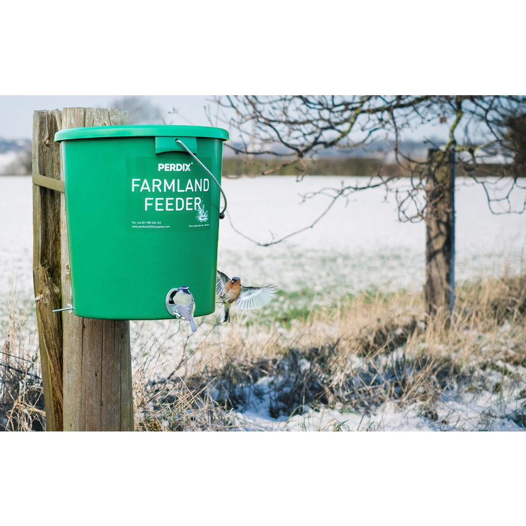 PERDIX Farmland Bird Feeder pictured with birds feeding during winter