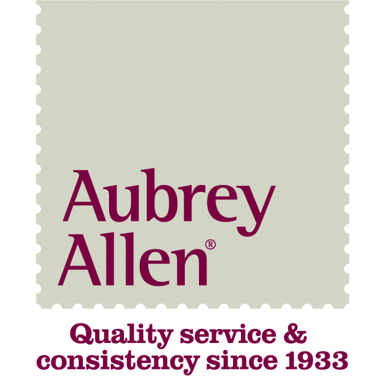 A square logo with the text Aubrey Allen in larger font aligned to the left and smaller font underneath the square stating 'Quality service & consistency since 1933'
