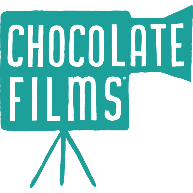 Teal coloured camera illustration containing the words Chocolate Films