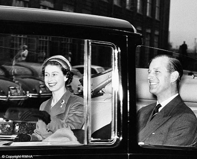 The Queen and The Duke of Edinburgh arrive at Jaguar Land Rover in 1956.