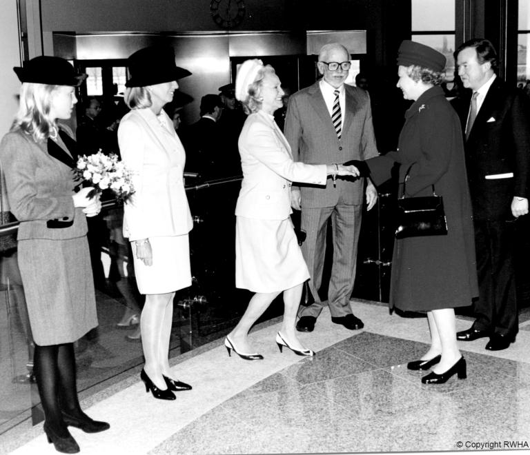 The Queen visits JCB World HQ in Rocester, Staffordshire in 1995.
